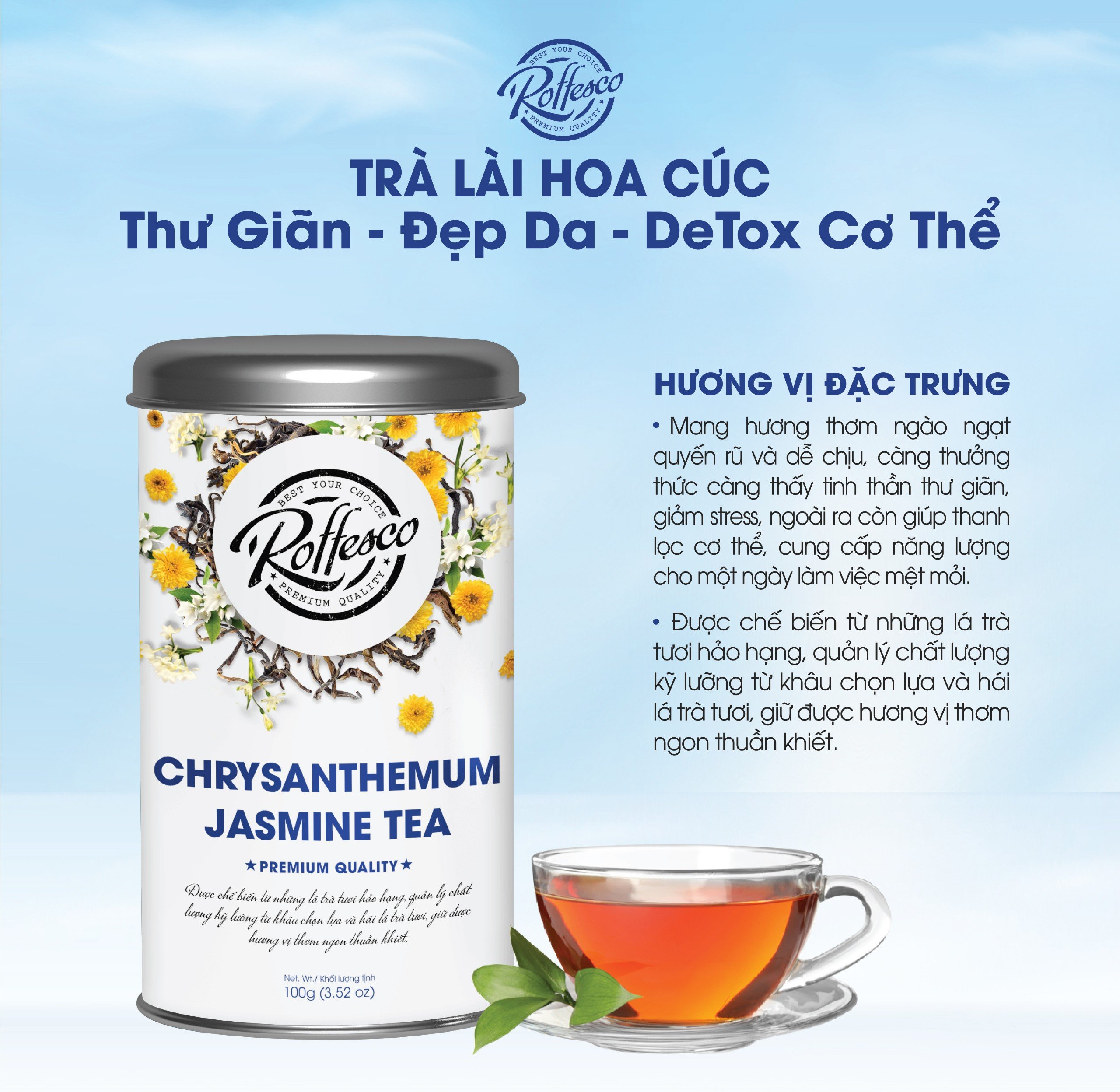 Trà lài hoa cúc organic roffesco chysanthemum jasmine tea giúp ngủ ngon tinh thần thư giãn mùi thơm nhẹ nhàng đậm vị trà tươi hộp 100g