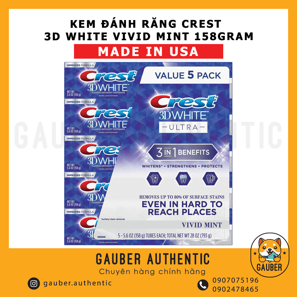 Kem đánh răng crest 3d white vivid mint 158g