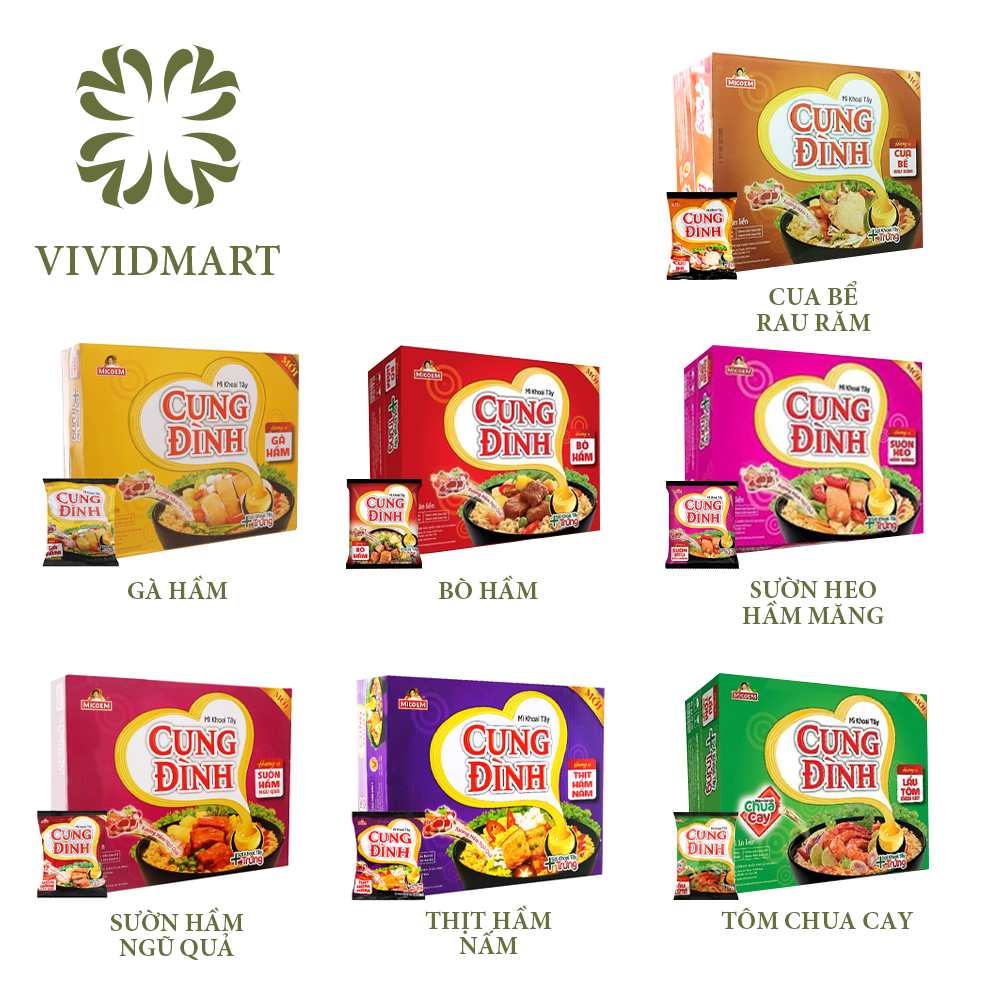 Mì khoai tây Cung Đình 7 vị: sườn heo hầm măng, cua bể rau răm, tôm chua cay, sườn hầm ngũ quả, thịt hầm nấm, bò hầm, gà hầm – MICOEM