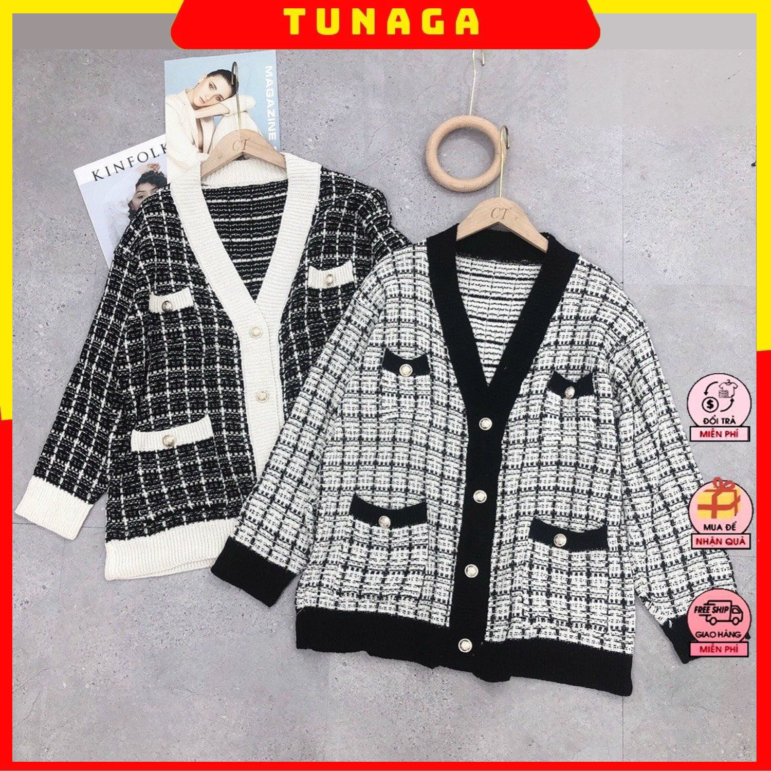 [ÁO CHOÀNG] Áo Khoác Cardigan Len Cúc Vàng Tay Dài Form Rộng ❤ Áo Len Nữ Pha Nhũ Viền Màu Đen Trắng