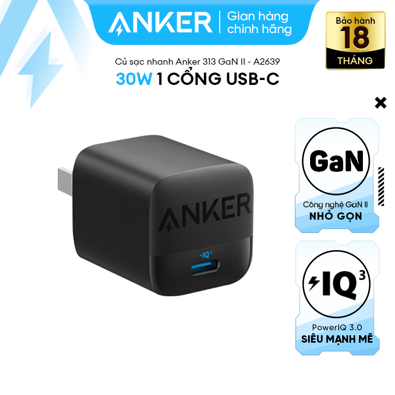 Củ sạc nhanh anker 313 gan ii 30w - 1 cổng usb-c - công nghệ poweriq 3.0 tương thích pd/pps - a2639