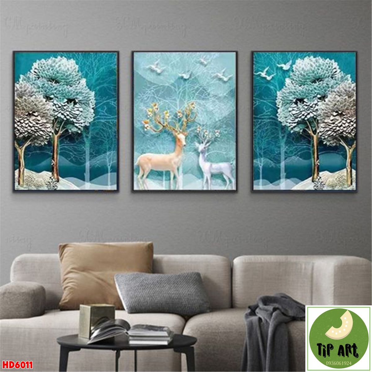 Tranh tuần lộc xanh có khung trang trí phòng khách, phòng ăn Tip Art KÈM QUÀ TẶNG GIẢM GIÁ KỊCH SÀN, Bộ 3 Tấm Tranh Treo khung - Tranh treo tường phòng ngủ, Tranh phòng khách