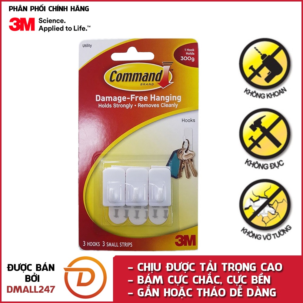 Bộ 3 móc treo tường cường lực siêu dính 225g Command 3M 17502 - Dmall247, móc dán tường, siêu dính, bền bĩ
