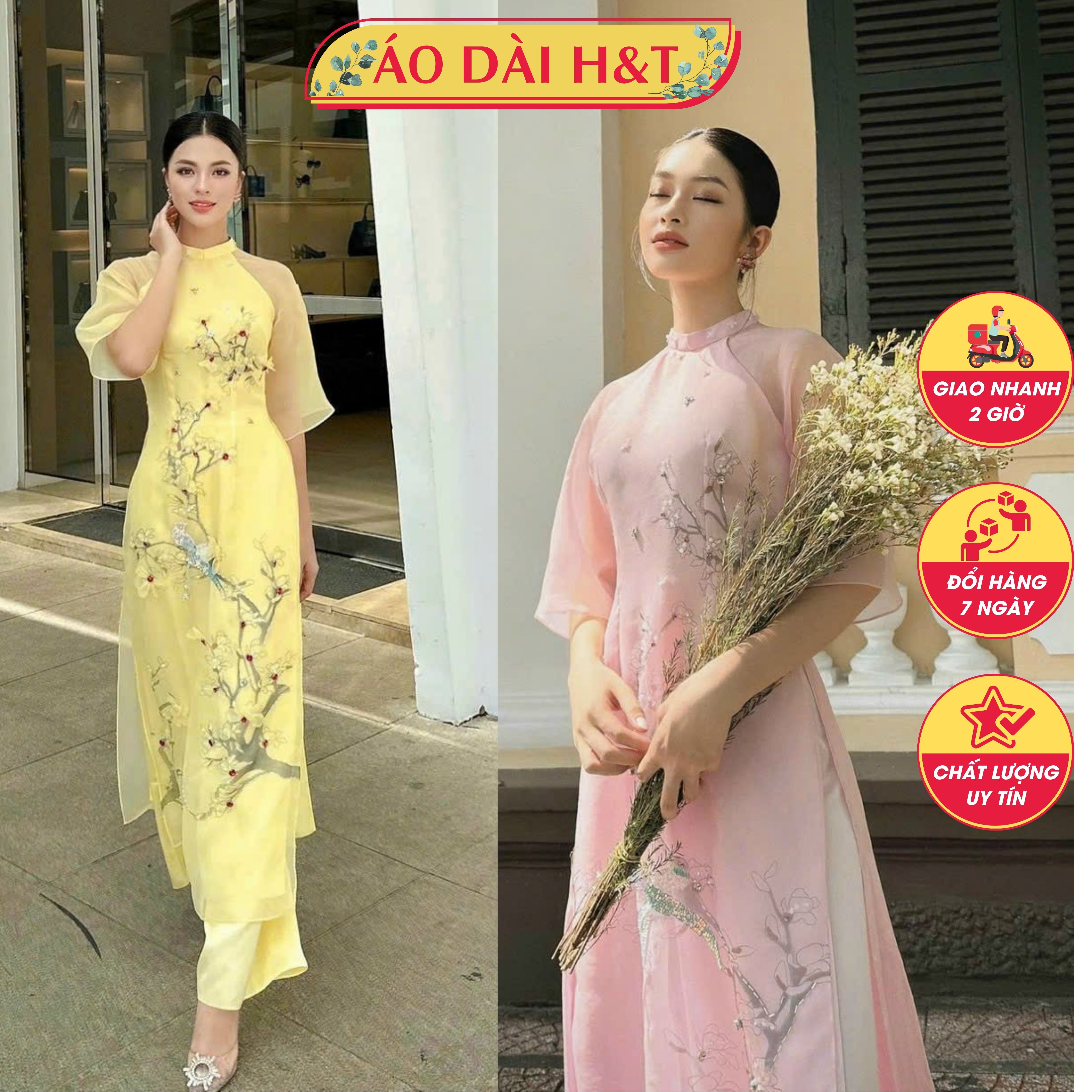 Áo dài cách tân nữ thiết kế tay lỡ kết hợp họa tiết đính kết hoa nổi tinh tế - Áo Dài Sài Gòn H&T
