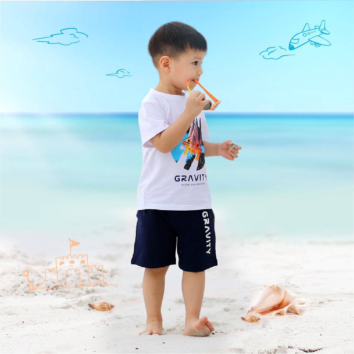 Bộ bé trai size đại, bộ đồ cộc tay cho bé chất cotton phong cách Âu Mỹ hình in GRAVITY 10 – 38kg QATE