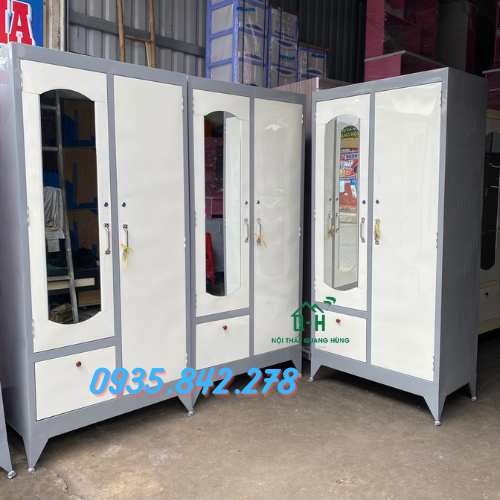 Tủ sắt 2 cánh sơn dầu màu xám cao 1m8 treo áo quần tiện lợi giá rẻ