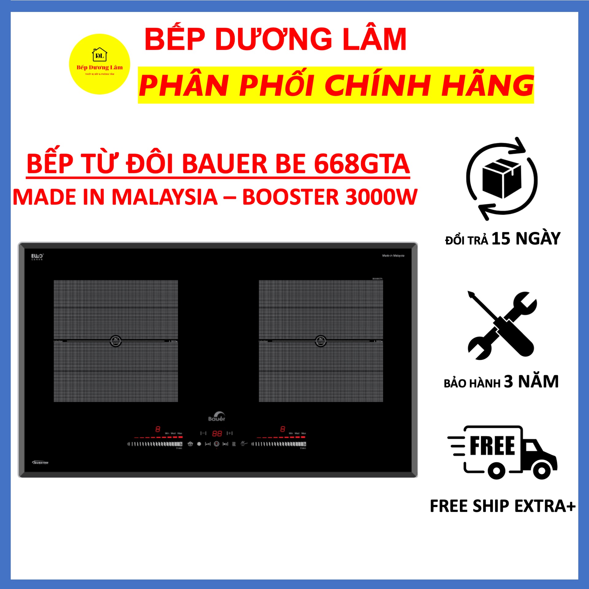 Bếp từ đôi bauer be 668gta ✅tặng mã giảm 4,5tr ✅booster 3000w ✅sử dụng linh kiện - mạch copreci & eika