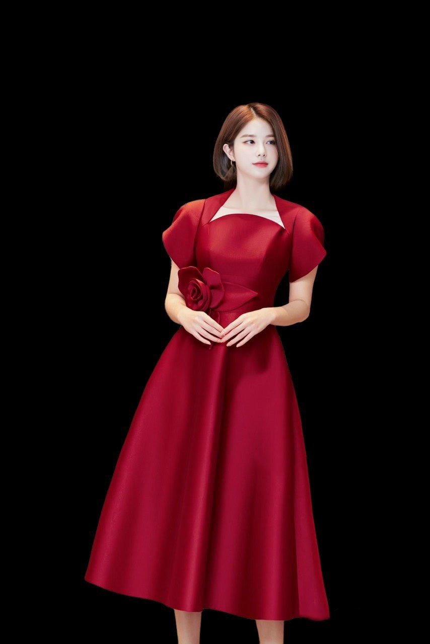 Đầm xòe dự tiệc cổ vuông chéo tay ngắn phối hoa eo TRIPBLE T DRESS - size S/M/L - MS74Y