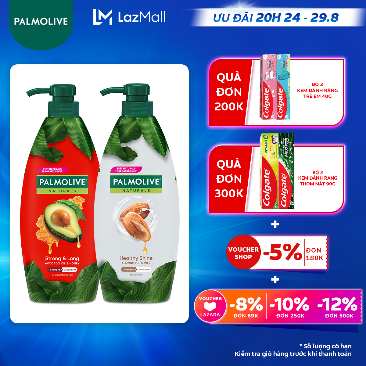 [Ưu đãi 20H 24.8 - 29.8_Áp voucher Colgate 5% + voucher LZD 8%]Bộ 2 Dầu gội Palmolive kèm xả 2-trong-1 chiết xuất thiên nhiên 600ml