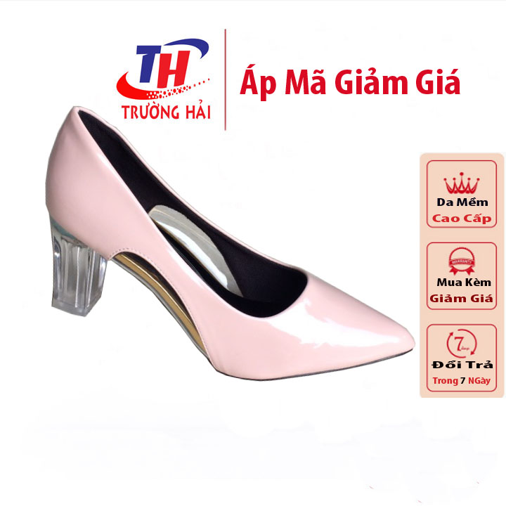 Giày cao gót 7cm gót vuông mika  trong  Trường HàI màu hồng da bóng CG020