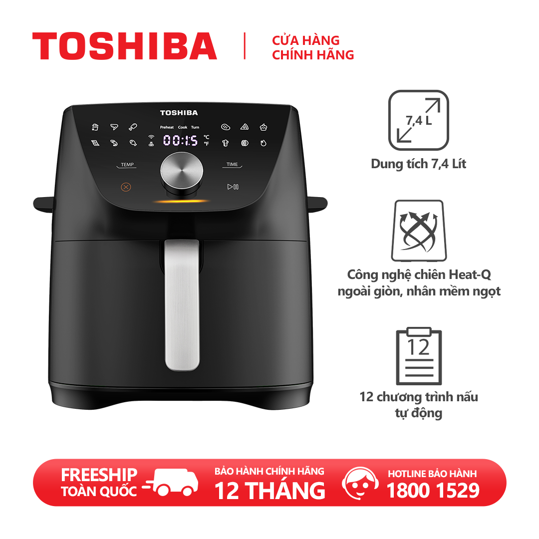 Nồi chiên không dầu Toshiba AF-74CS - Dung tích 7.4L, Điều khiển cảm ứng, 12 chương trình nấu, Nhiệt đô 40°C -200°C, Kèm vỉ chiên - Hàng chính hãng, bảo hành 12 tháng