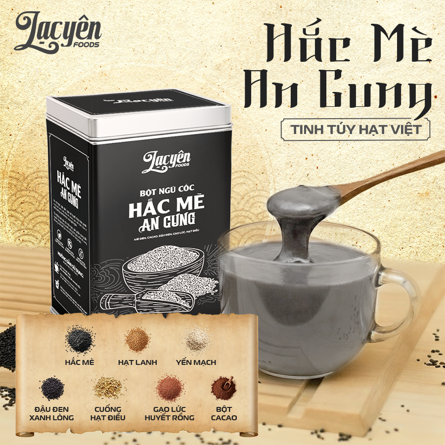 Hắc Mè An Cung Lạc Yên Foods, 100% Bột Ngũ Cốc Mè Đen, Hỗ Trợ Dưỡng Tóc, Khỏe Thận, Không Đường, Có Hạt Cuống Điều Nhai Giòn