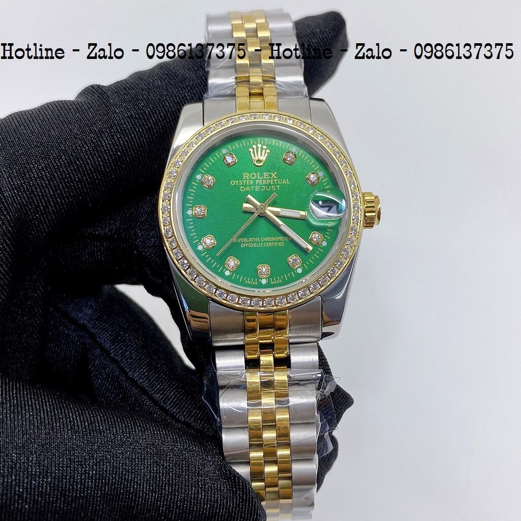 Đồng hồ rolex nữ demi vàng mặt xanh lá máy pin 32mm