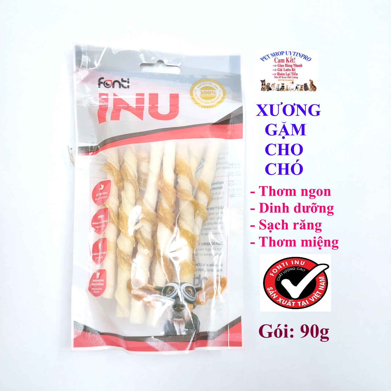 XƯƠNG GẶM CHO CHÓ Fonti INU C24 Que da bò sữa cuốn thịt gà Gói 90g Thơm ngon Dinh dưỡng Sạch răng Thơm miệng SX tại VN - Pet shop Uytinpro