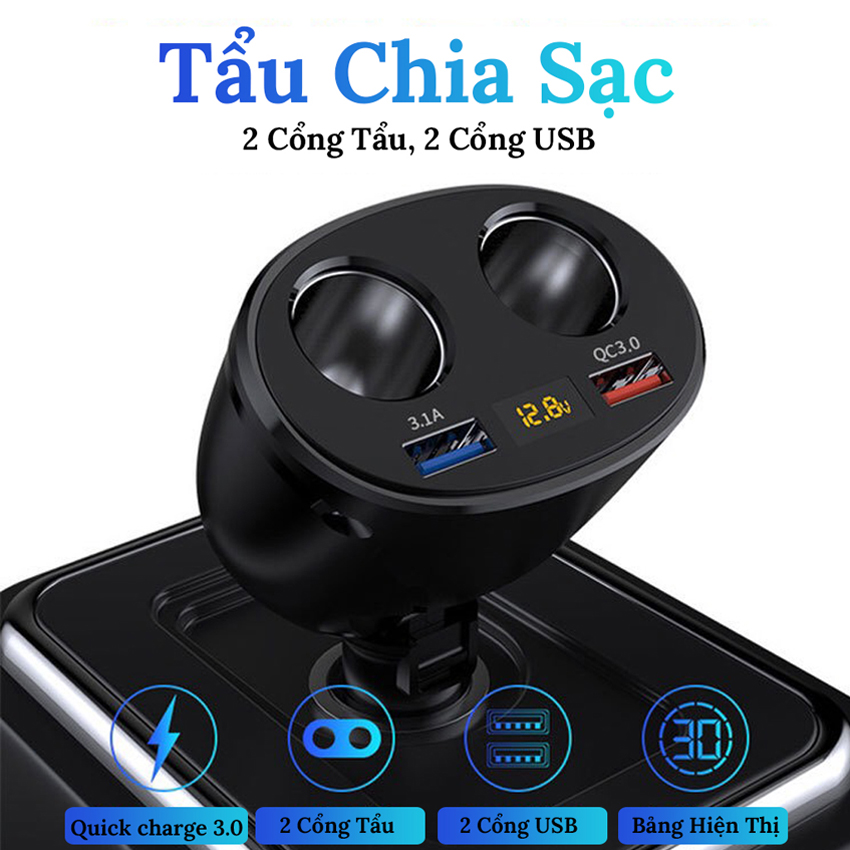 Bộ Chia Tẩu Sạc Oto Không Dây - Chia 2 Nguồn Tẩu 1 Cổng Sạc 3.1A Và 1 Cổng Sạc Nhanh QC3.0 VERSION 2