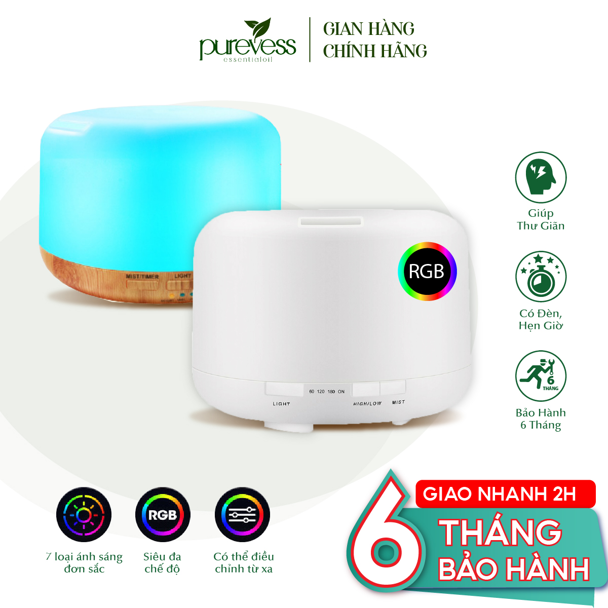 Máy xông tinh dầu đèn xông tinh dầu máy khuếch tán tinh dầu Purevess - Gian hàng chính hãng