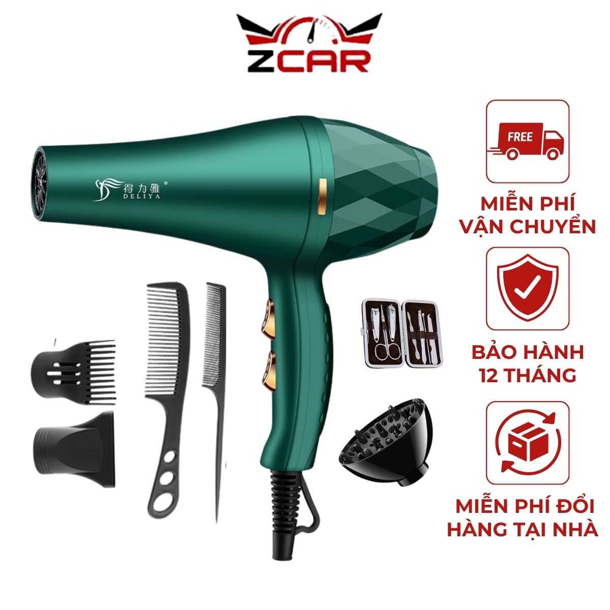 Máy sấy tóc, Máy sấy tóc 2 chiều nóng lạnh giá rẻ,  Máy sấy tóc Deliya 2300- màu xanh  TẶNG KÈM 6 PHỤ KIỆN TẠO KIỂU TÓC - BẢO HÀNH 12 THÁNG