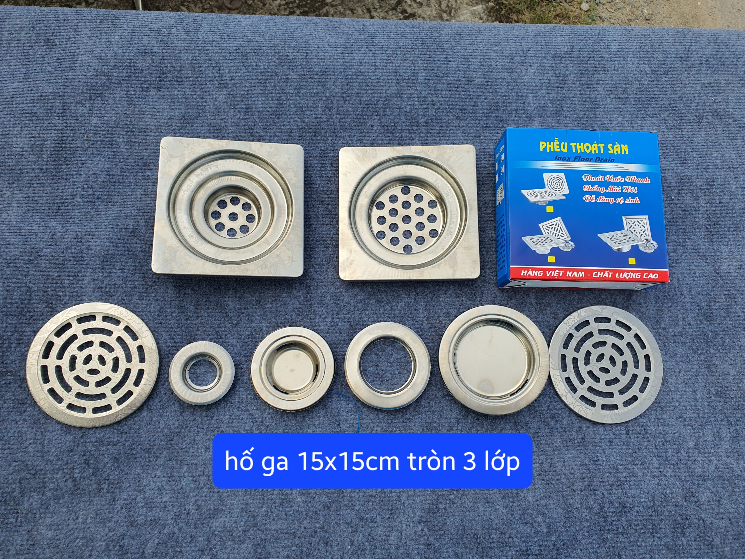 Hố ga phễu thoát sàn lọc rác lược rác loại tròn kích thước 15cmx15cm inox 201 hàng chất lượng cao 3 lớp chống hôi phi 60 và 90
