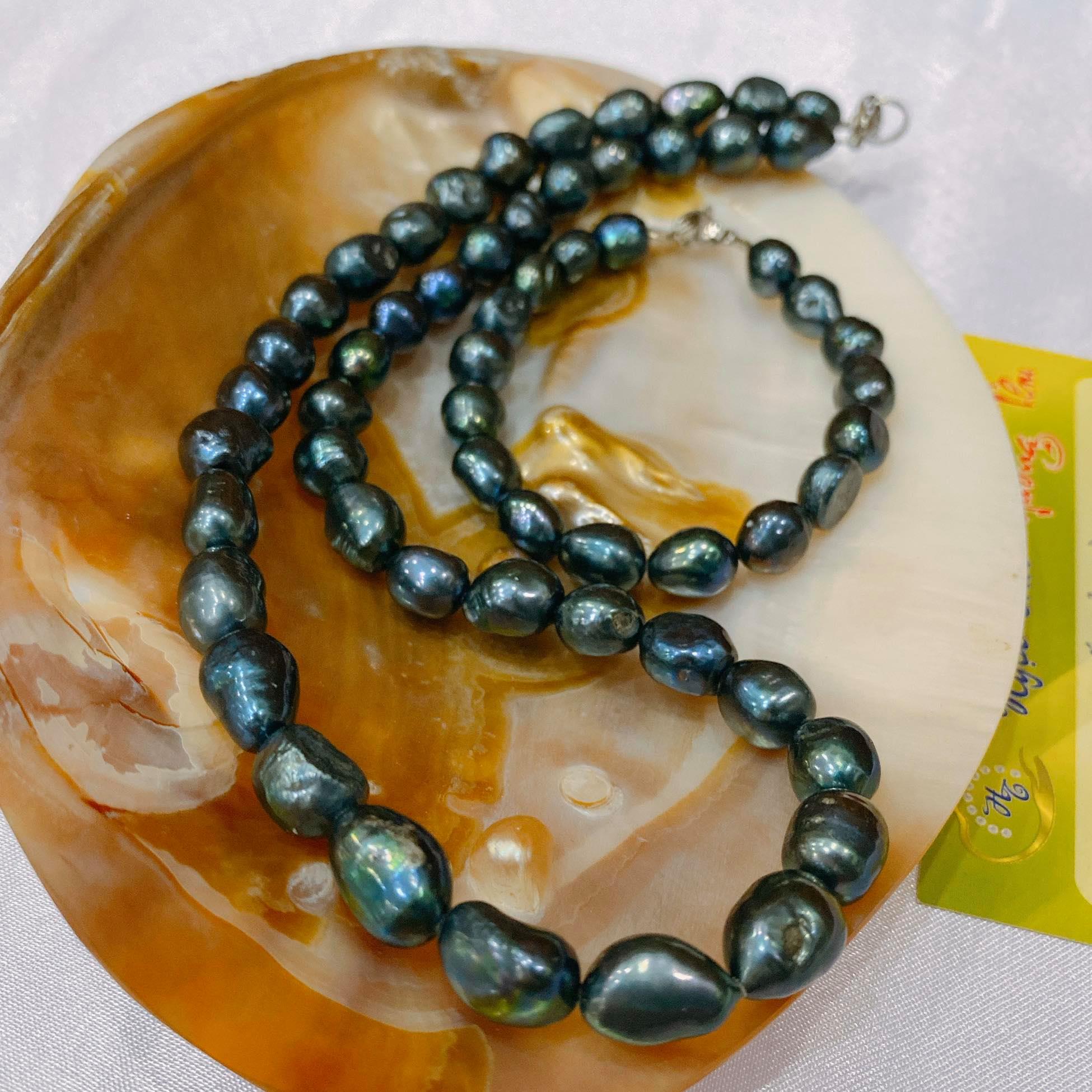 Bộ Chuỗi Ngọc Trai Nước Ngọt Thô Xanh Đen Đẹp Lạ Đẹp Lùng