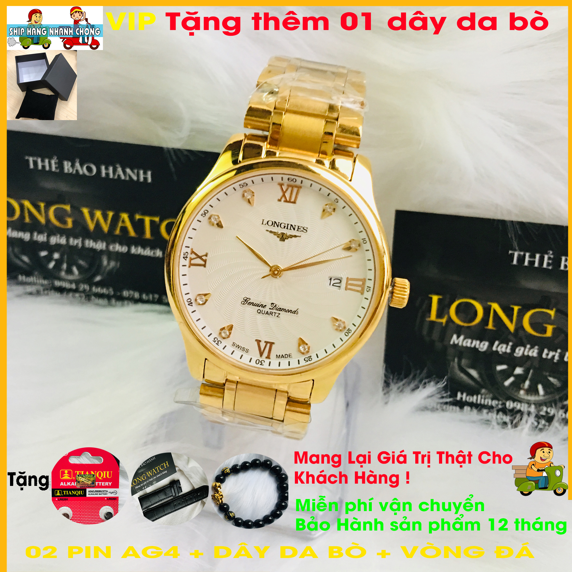 ĐỒNG HỒ NAM, DÂY MÀU VÀNG GOLD, THÉP KHÔNG GỈ 316L, BỀN MÀU, LỊCH NGÀY, KÍNH SAPPHIRE CHỐNG XƯỚC, CHỐNG TRẦY TẶNG COMBO QUÀ TẶNG GỒM DÂY DA BÒ, 02 PIN AG4, VÒNG ĐÁ TỲ HƯU PHONG THỦY