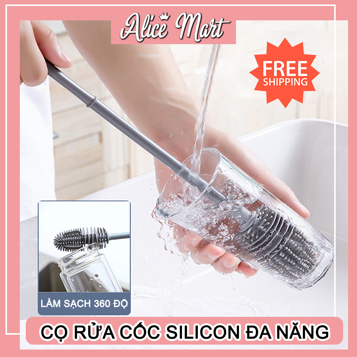 Cây cọ rửa ly, bình nước silicon cán dài - Dụng cụ cọ rửa bình sữa ly cốc đa năng