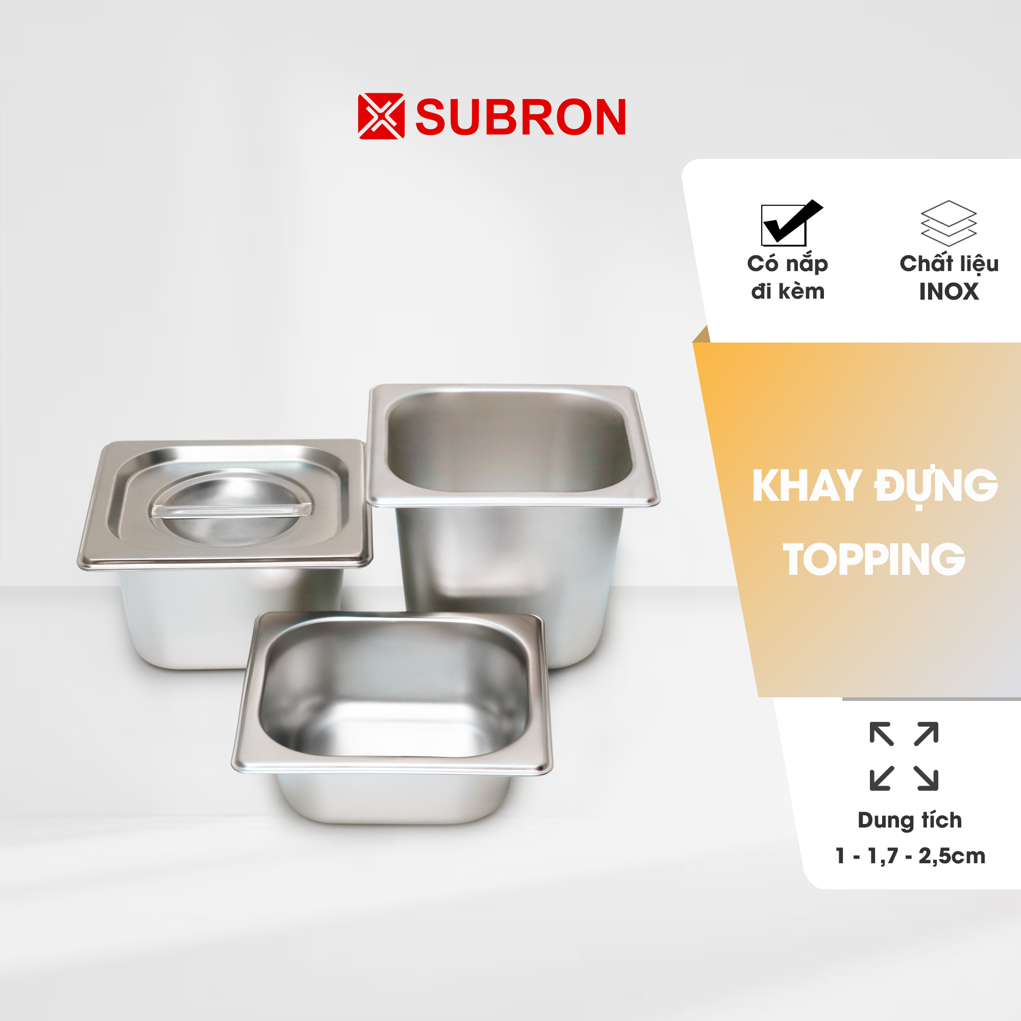 Khay inox đựng topping thạch trà sữa, khay đựng thực phẩm có nắp kích thước 1/6