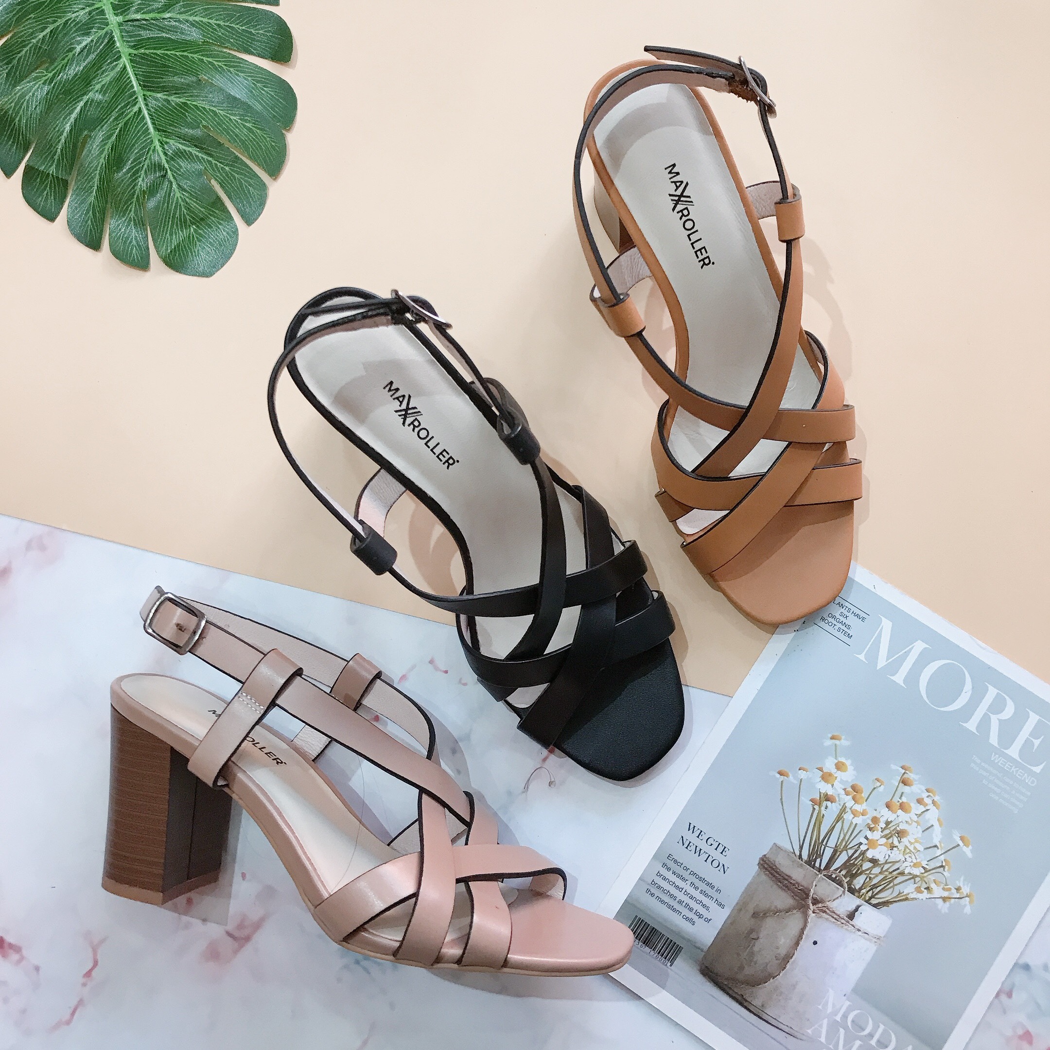 Sandal nữ 7cm gót vuông da thật Maxroller siêu êm