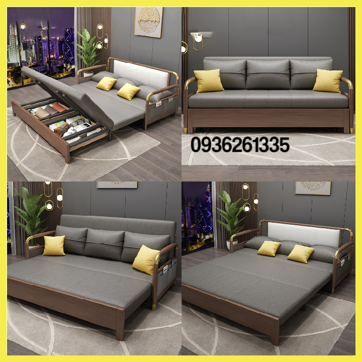 Sofa giường kéo thông minh gấp gọn, giường sofa đa năng khung thép tay gỗ sồi viền kim loại nhập khẩu, thiết kế tiện lợi sang trong, Kích thước: 1m42x1m9