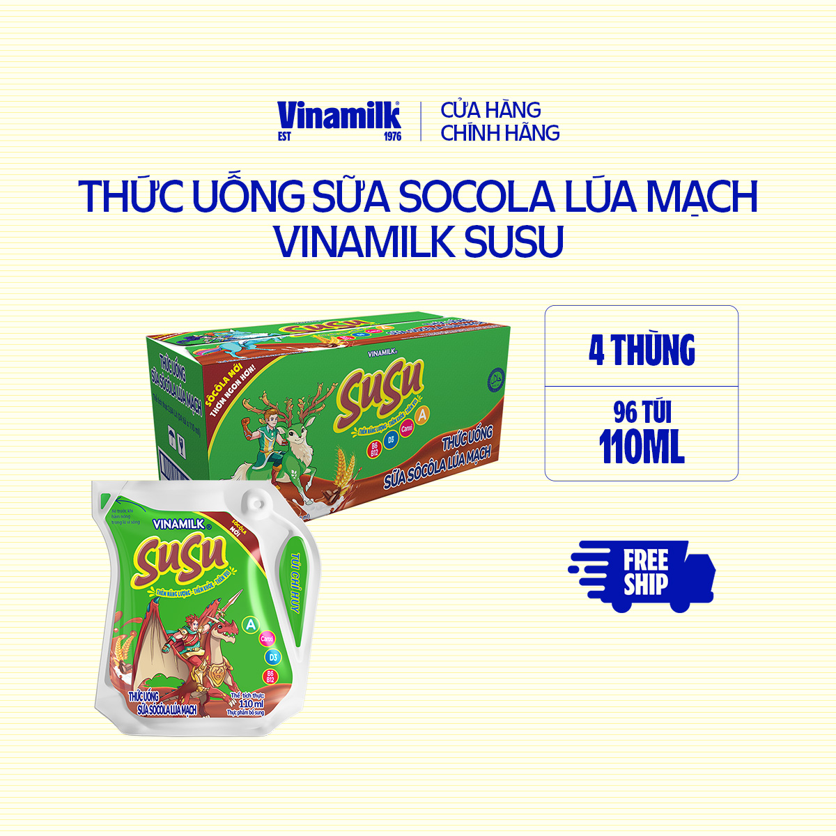4 Thùng Thức uống Sữa Socola Lúa Mạch Vinamilk Susu Túi 110ml - 24 túi/Thùng