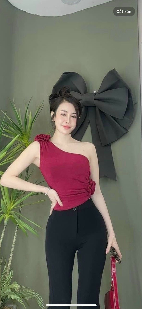 Áo thun kiểu lệch vai đính hoa siêu xinh cw