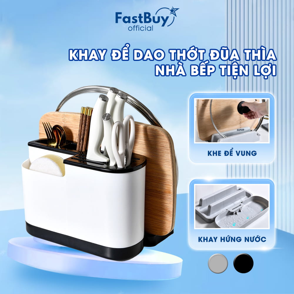 Khay kệ để dao thớt, hộp ống đựng đũa muỗng kết hợp giá để úp thớt nắp vung để đồ nhà bếp