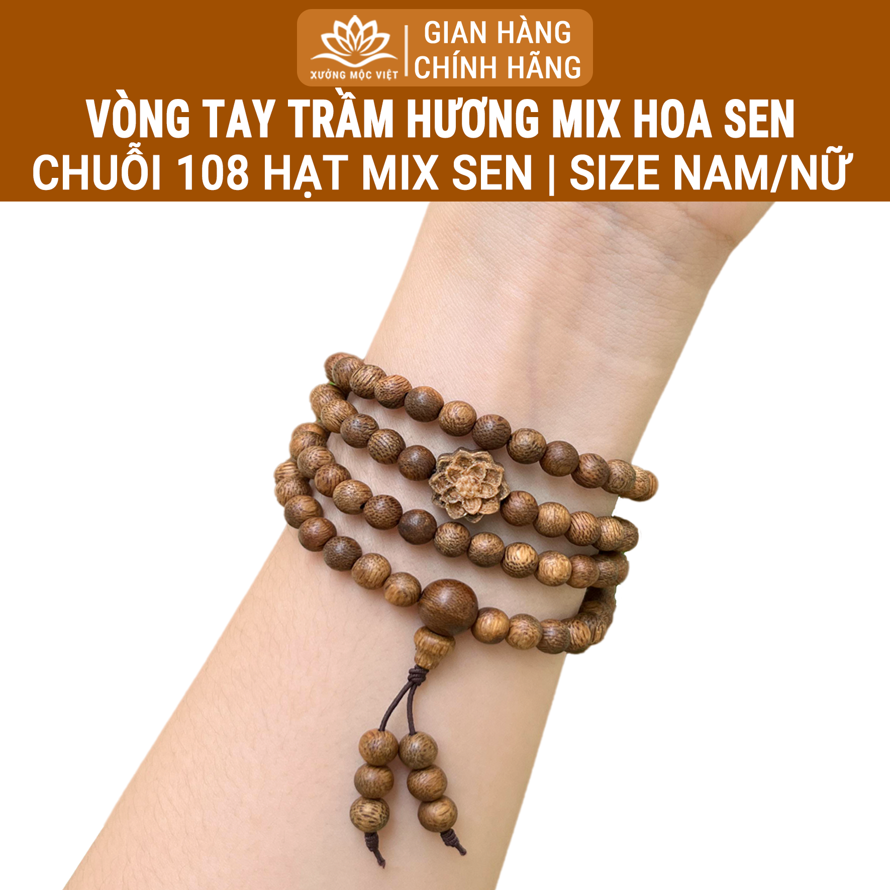 Vòng tay trầm hương chuỗi 108 hạt mix hoa sen Xưởng Mộc Việt - Trầm tóc thường size 6/7/8mm mang lại may mắn bình an