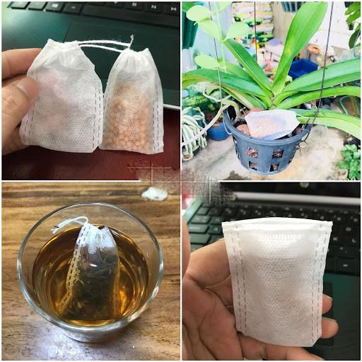 set 100 túi lọc vải dây buôc bỏ phân tan chậm cho sen đá phong lan KT 7x9cm