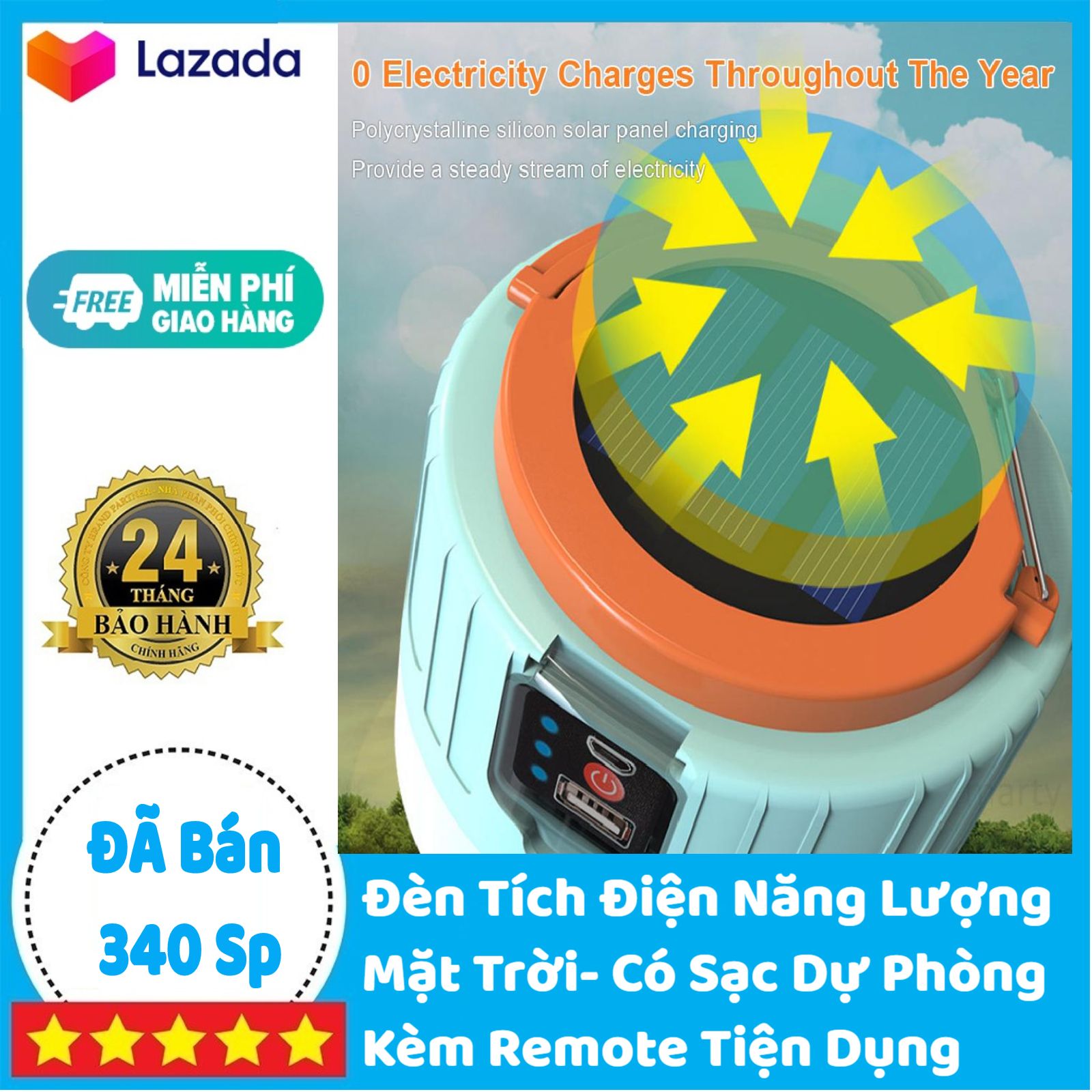 Đèn tích điện năng lượng mặt trời 2 Trong 1- Đèn tích hợp sạc dự phòng cho điện thoại- Đèn chống nước, có Remote phù hợp đi du lịch, cắm trại