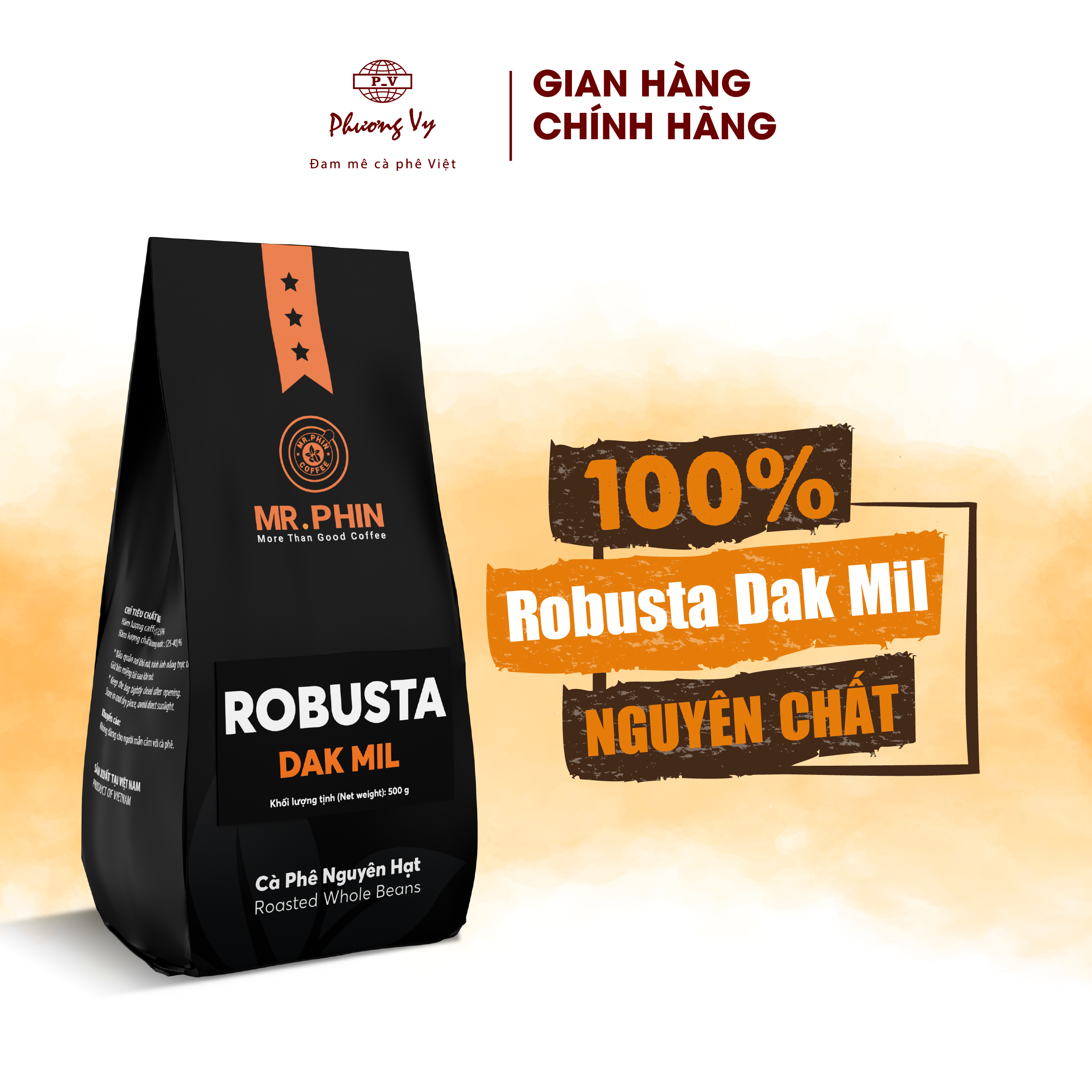 Cà Phê Nguyên Chất Mr. Phin Robusta Dak Mil 500g đậm đà, không chua, Top bán chạy cà phê hạt, Phương Vy Coffee