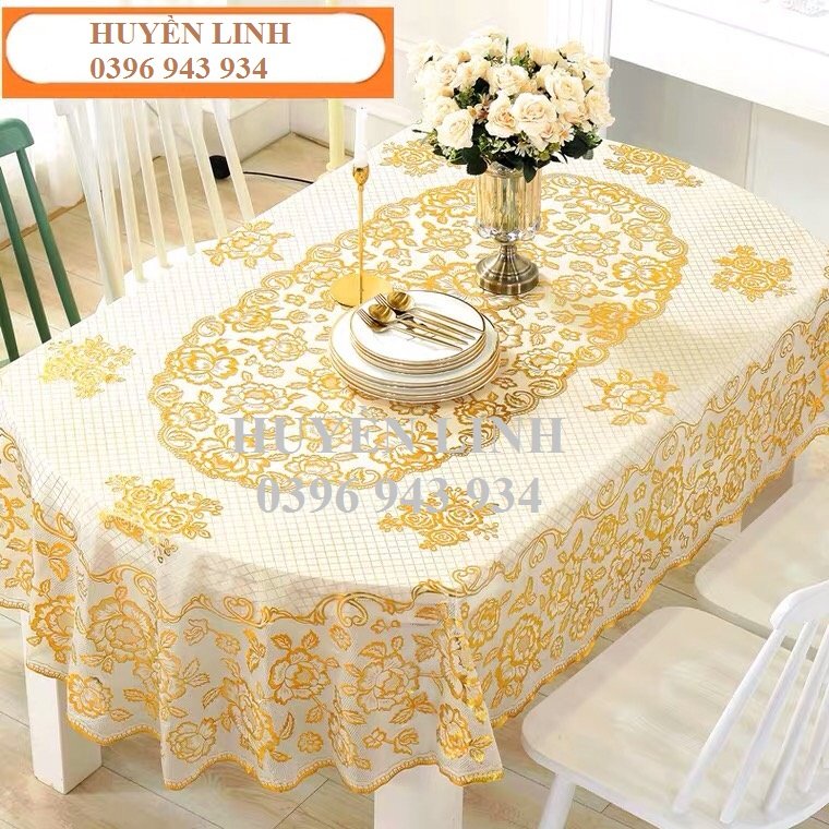 Khăn trải bàn oval 150*230cm ren vàng, khăn trải bàn ăn, khăn trải bàn nhựa