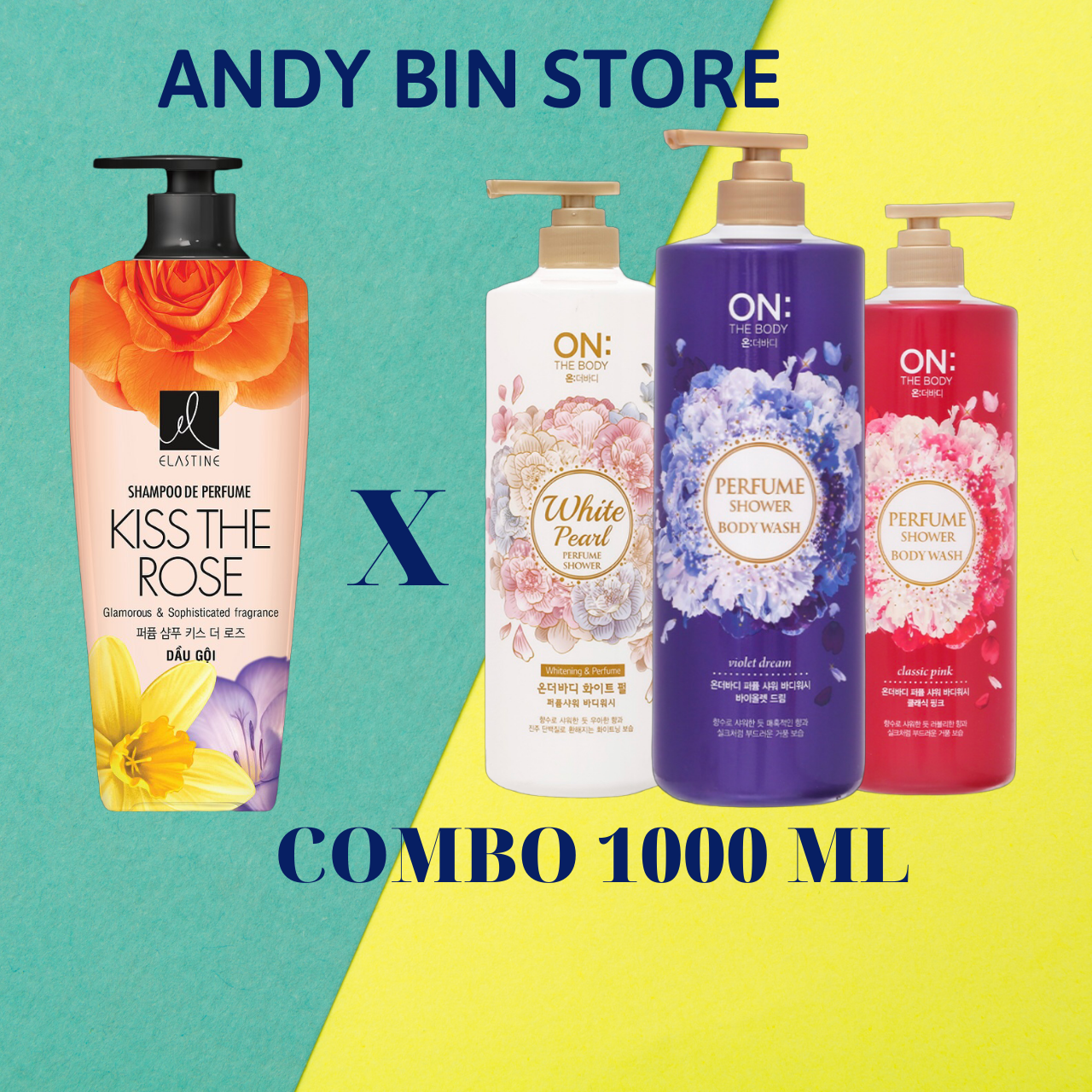 1000 ML- COMBO SỮA TẮM HƯƠNG NƯỚC HOA HÀN QUỐC ON: THE BODY 3 MÙI HƯƠNG VÀ DẦU GỘI ELASTINE HƯƠNG NƯỚC HOA KISS THE ROSE BREEZE HÀN QUỐC 600ML