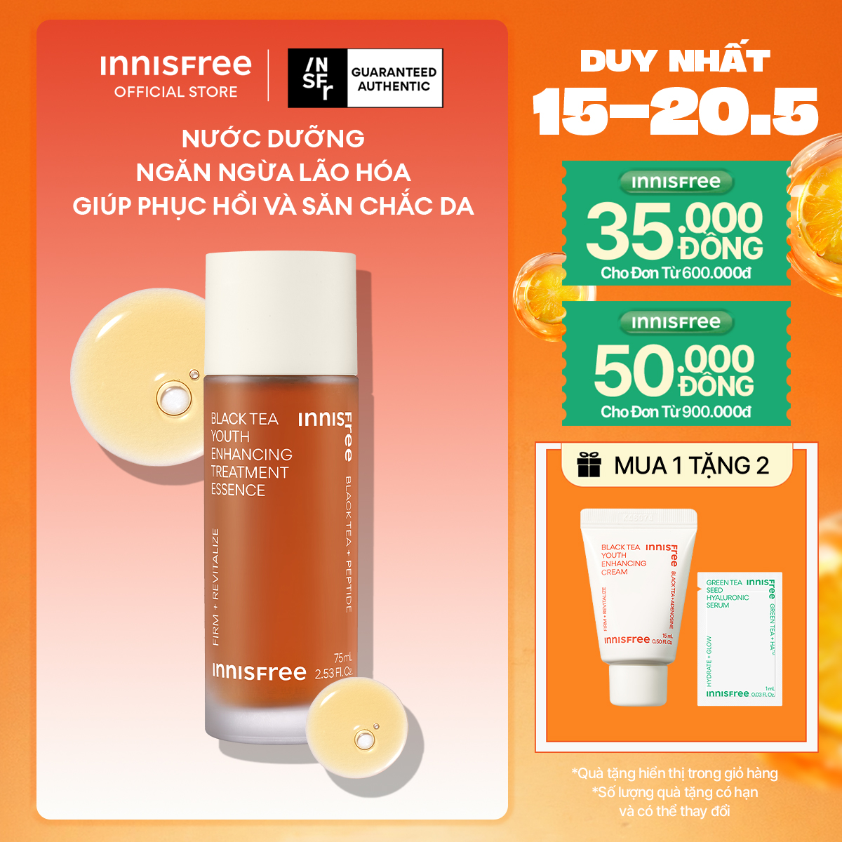 Nước dưỡng ngăn ngừa lão hóa từ trà đen INNISFREE Black tea Youth Enhancing Treatment Essence 75 mL