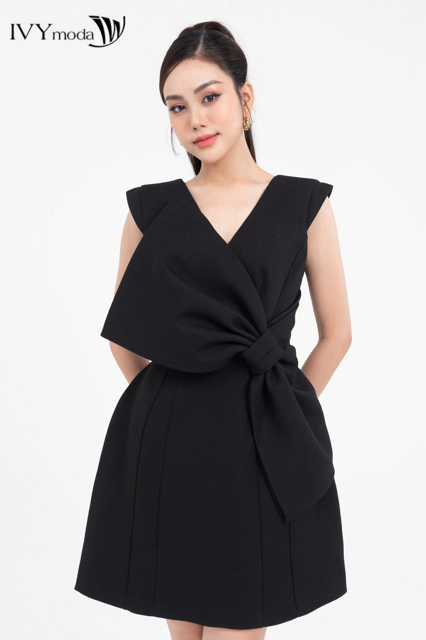 Tweed dress with bow - đầm tweed phối nơ ivy moda ms 45s2733