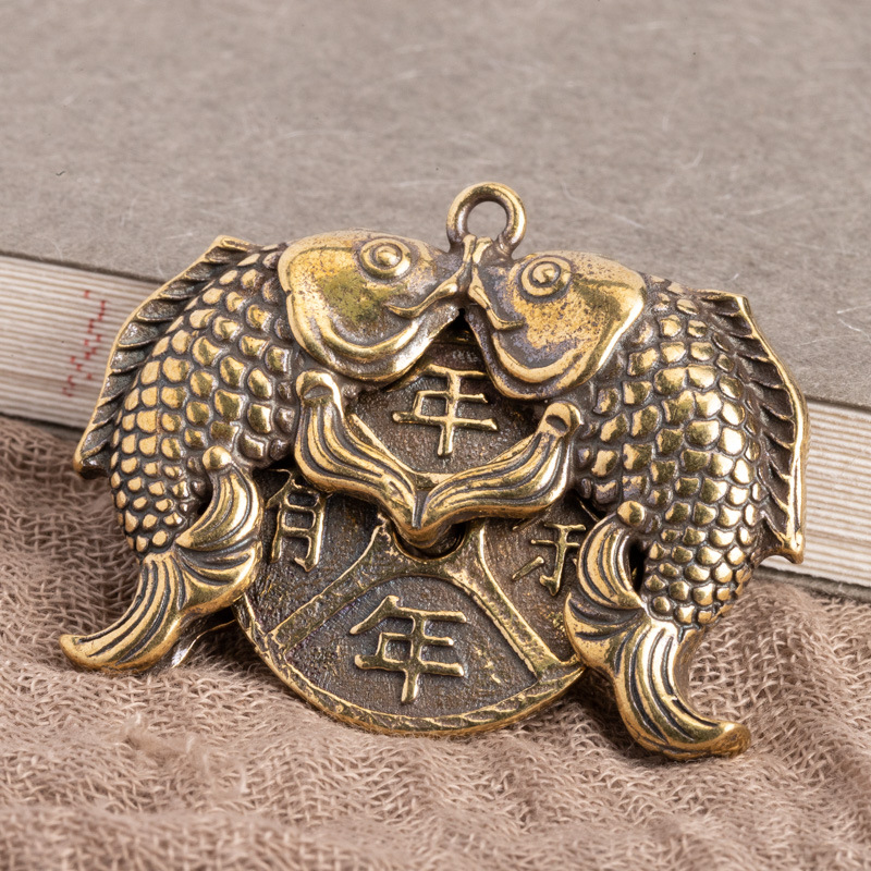 Tượng Đồng Thau Hình Song Ngư Đồng Tiền - Có Móc Khóa - Kích Thước 4.1cm x 3.3cm