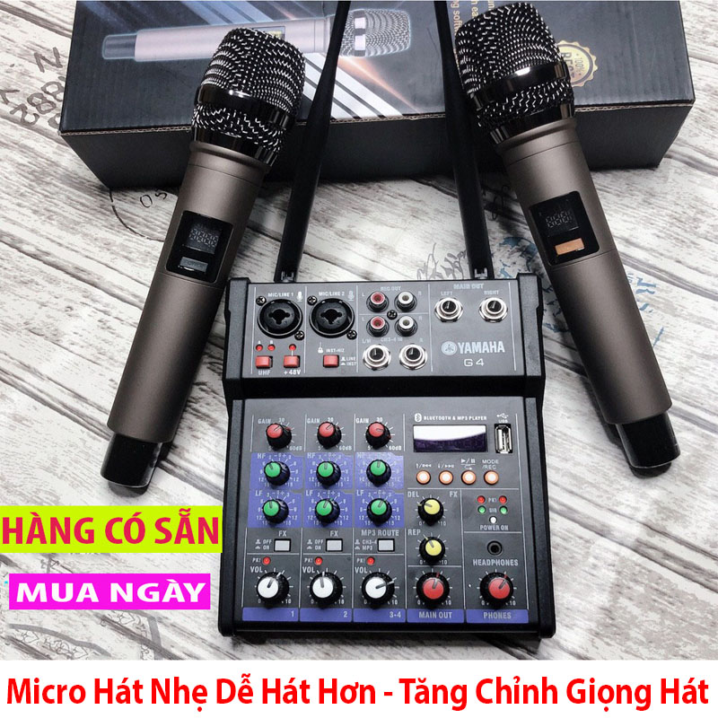 Trọn Bộ Âm Thanh Kiêm Lọc Âm Mixer Yamaha G4 Kèm 2 Mic- Tích Hợp Chỉnh Vang Echo- Tăng Chỉnh Giọng Hát Theo Ý Muốn- Biến Mọi Loa Thành Karaoke Chuyên Nghiệp-  Âmly Dàn Hát Karaoke Gia Đình Âm Thanh Sống Động- Kết nối USB 2.0 Bluetooth