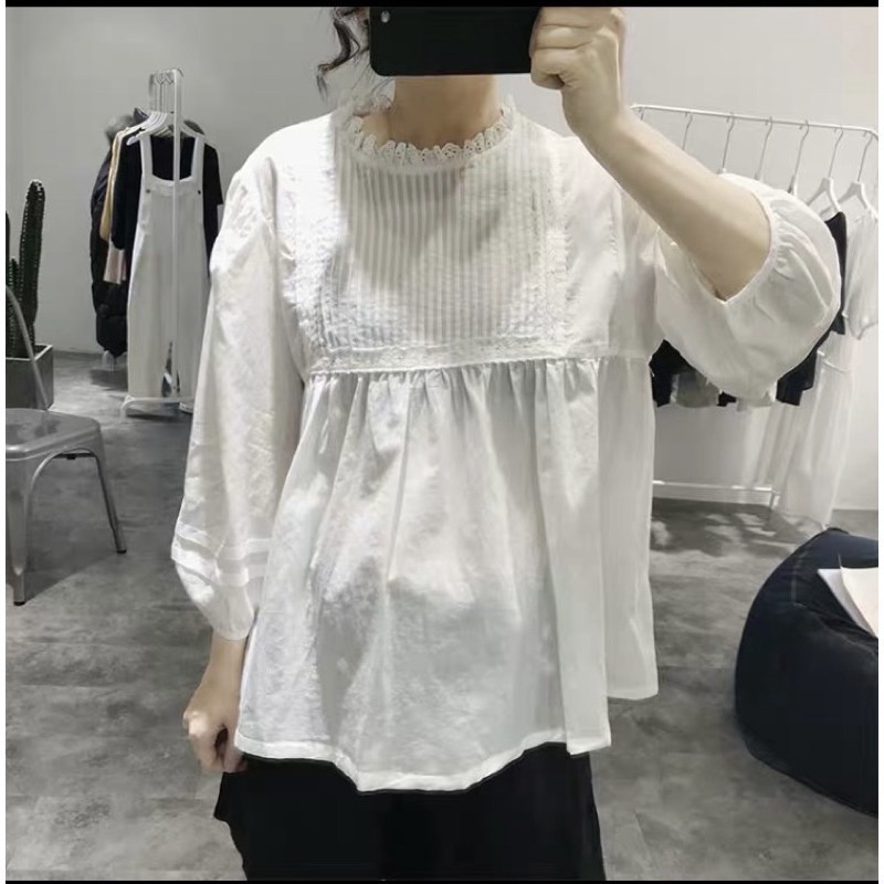 Áo sơm mi babydoll ren cổ tay lỡ , sơ mi tay lỡ phối ren babydol 25021