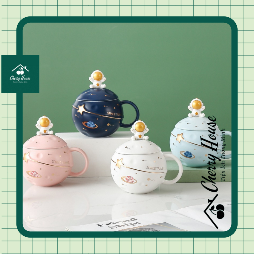 Ly sứ có nắp muỗng dễ thương du hành gia CHERRY HOUSE CHLH02 cốc sứ có uống nước có nắp đậy và thìa cute 400mL gốm sứ cao cấp mẫu hot