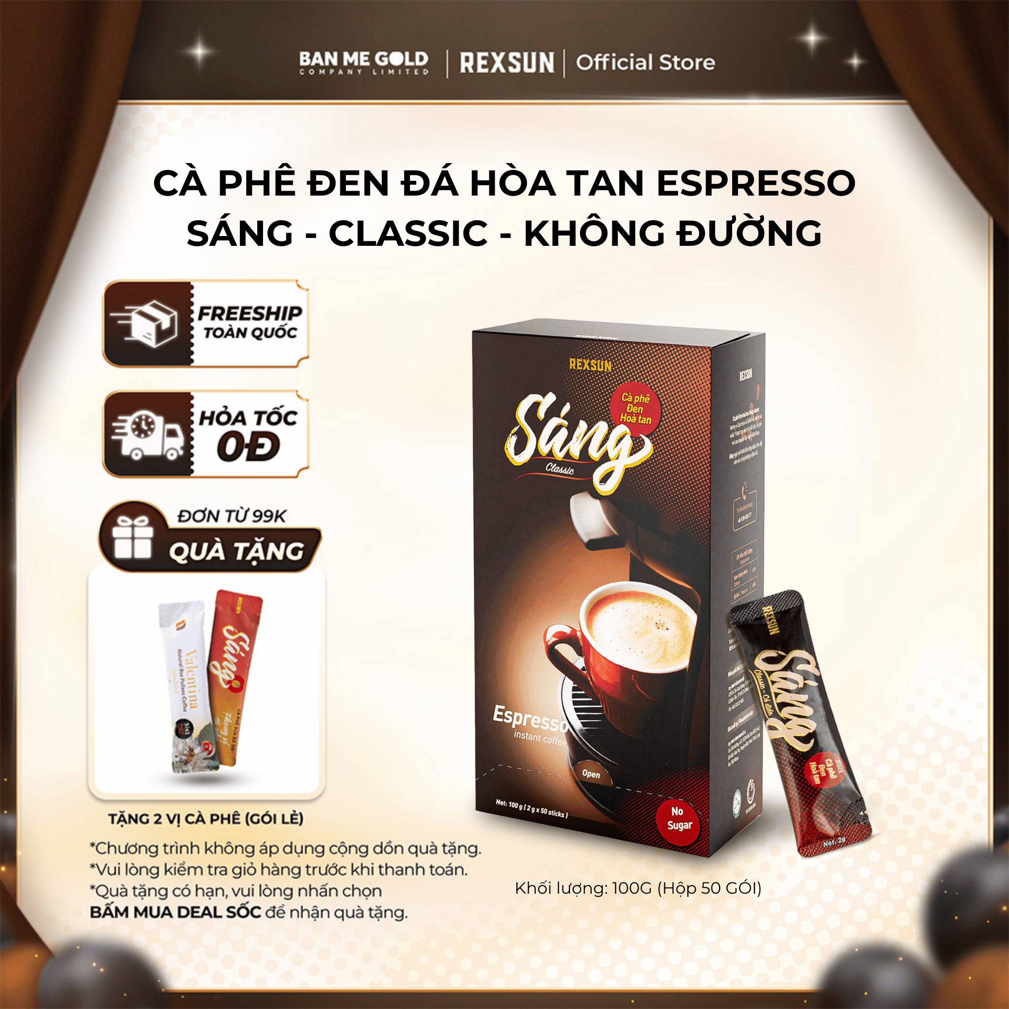 TẶNG QUÀ Cà Phê Espresso Hòa Tan - Sáng - Hộp 20g 100g - KHÔNG ĐƯỜNG SỮA - Cafe Đen Hòa Tan Chính Hãng Ban Me Gold - Rexsun
