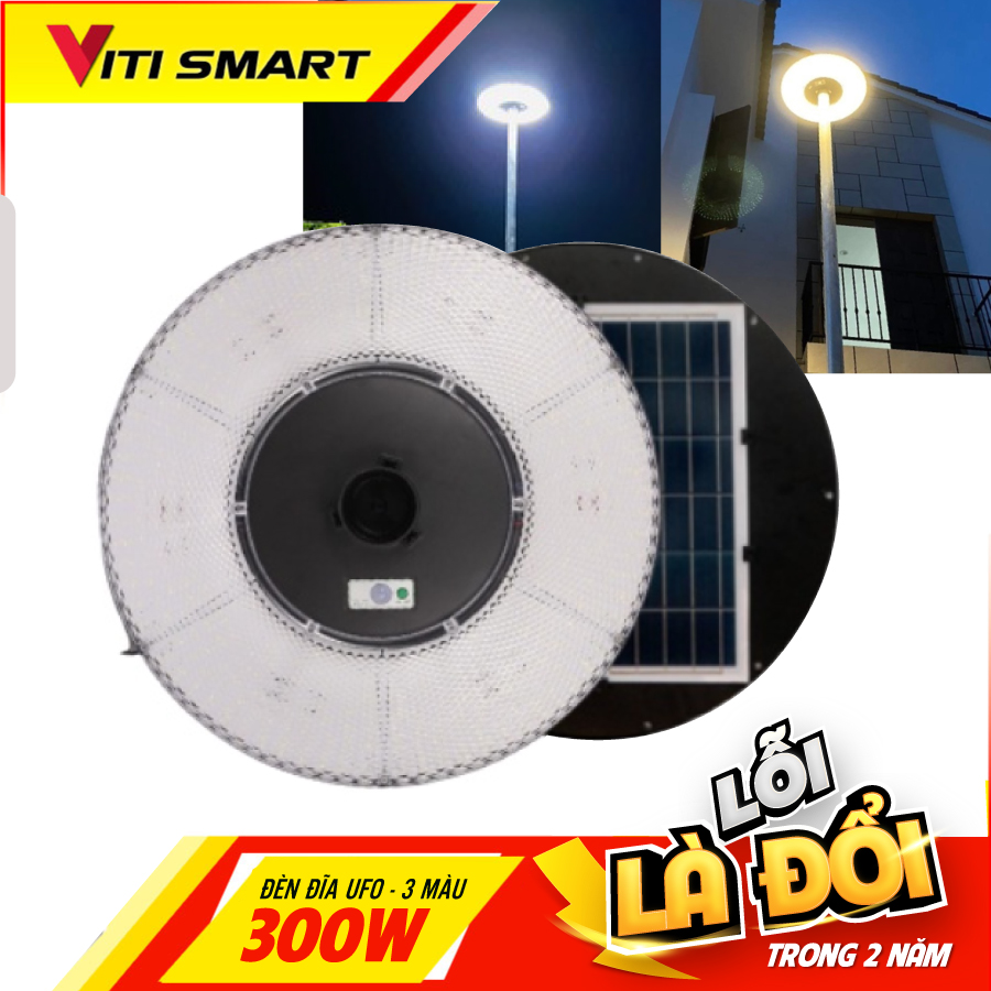 Đèn năng lượng mặt trời dạng đĩa bay UFO công suất 300W, 3 MÀU ÁNH SÁNG Đèn chiếu sáng sân vườn, Bảo hành 2 năm tiêu chuẩn IP67