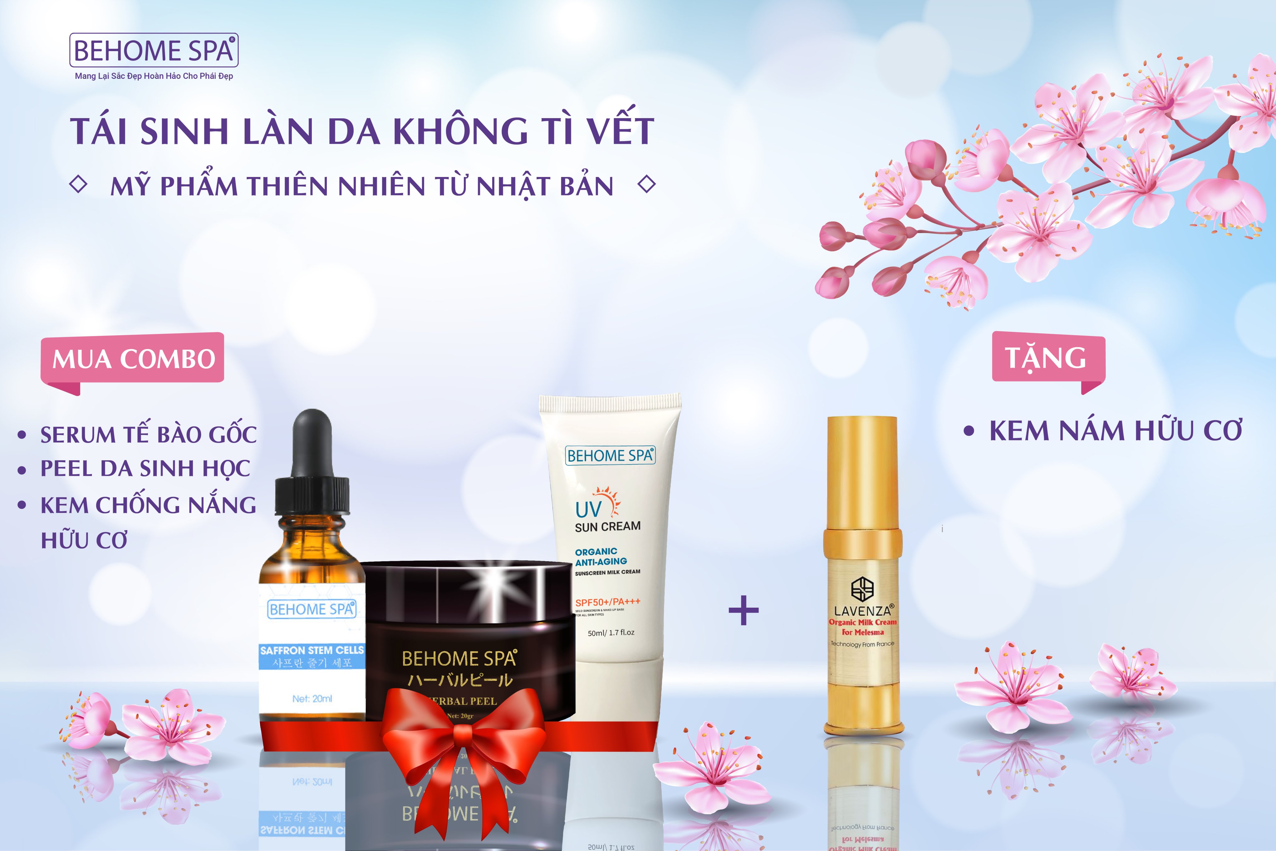 COMBO TÁI SINH: PEEL DA SINH HOC, SERUM TẾ BÀO GỐC, KEM CHỐNG NẮNG BEHOME SPA TỪ NHẬT BẢN. BÍ QUYẾT PHỤC HỒI LÀN DA