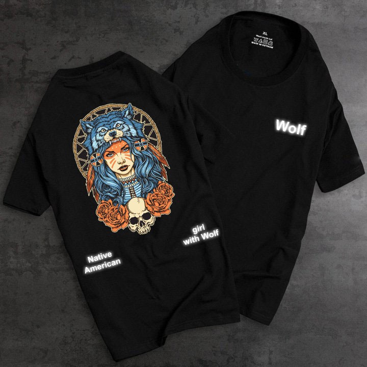 Áo thun cotton unisex cổ tròn in hình Native American girl with Wolf Depdoi PT114 full size