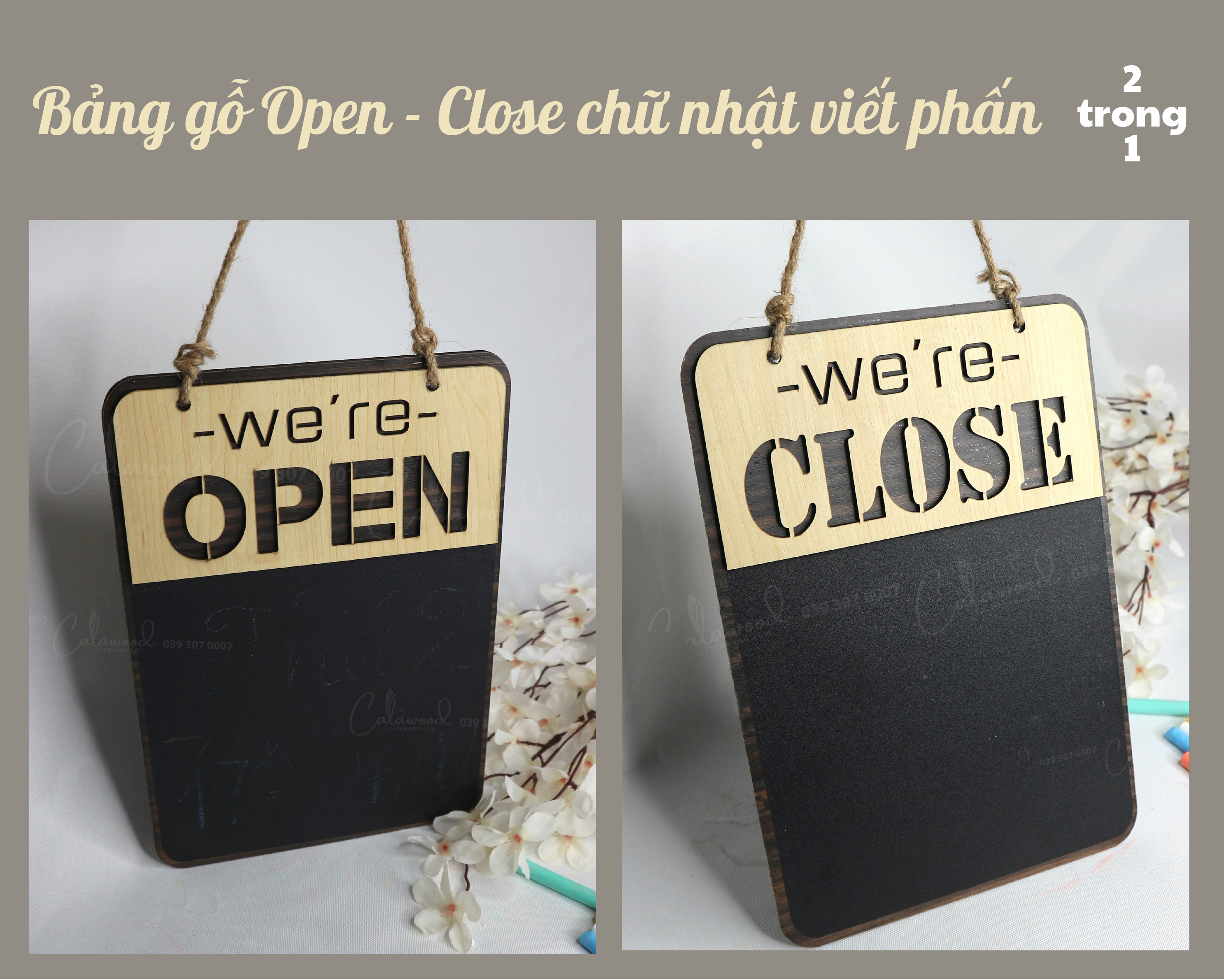 Bảng gỗ OPEN CLOSE hình chữ nhật Bảng Decal viết phấn 2 mặt có dây treo trang trí quán, cửa hàng...