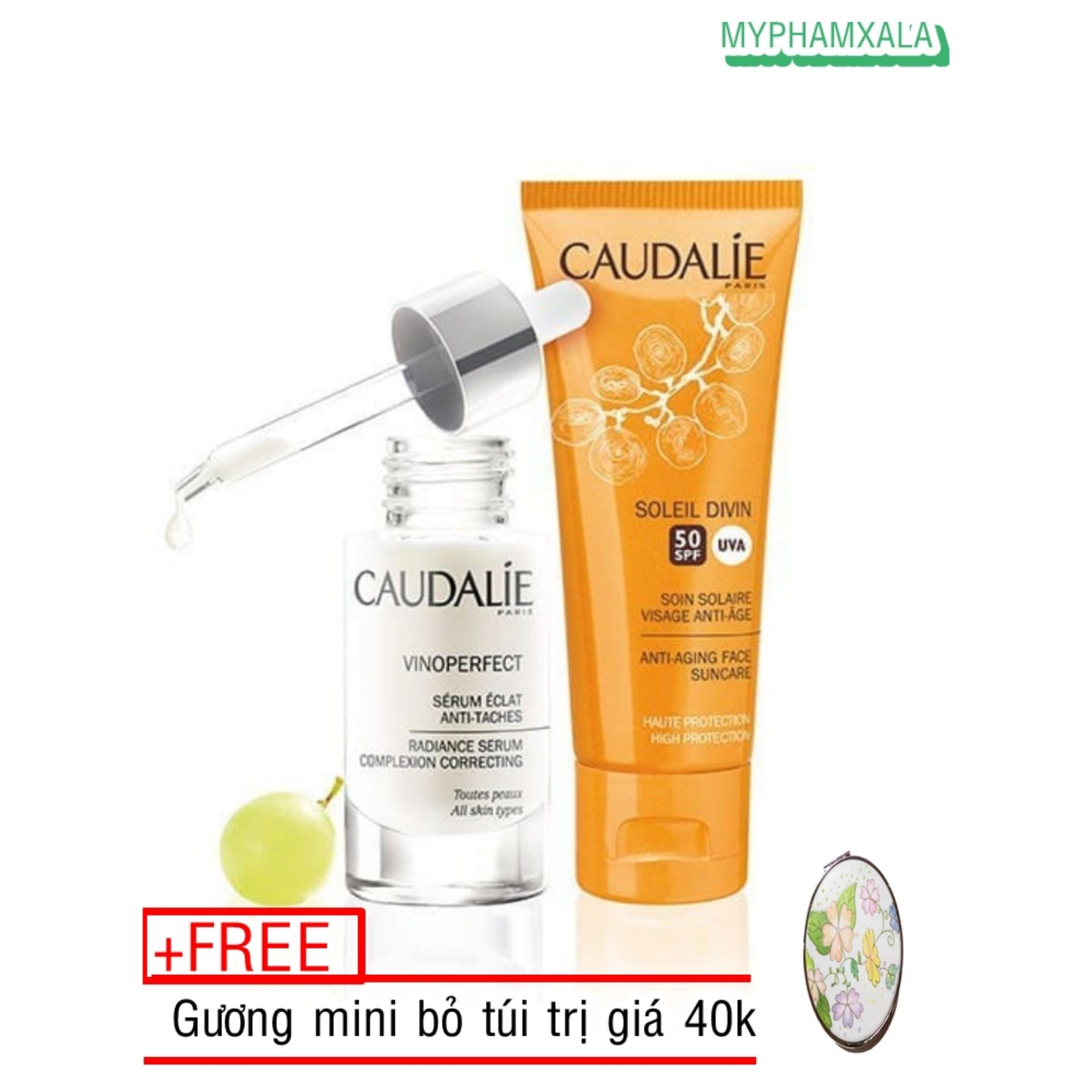 Set Caudalie serum trị nám, tàn nhang, dưỡng trắng + KCN spf 50
