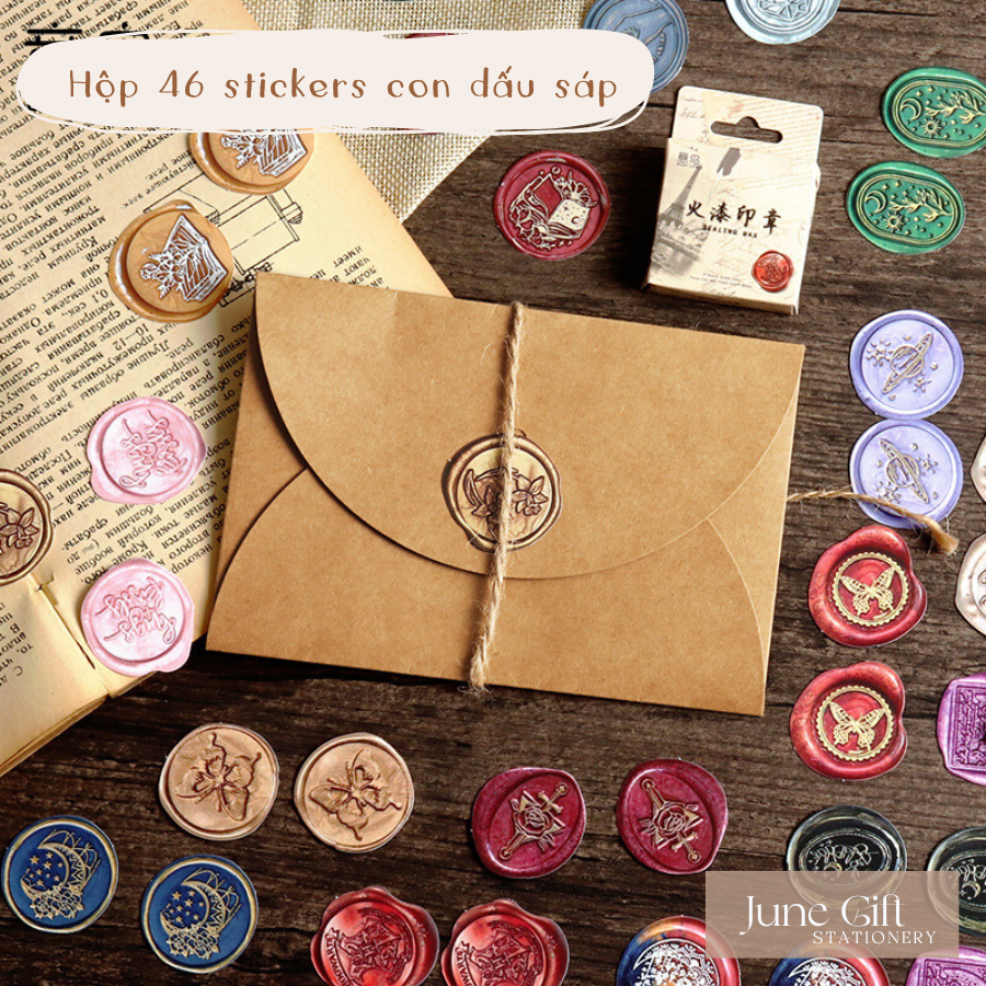 Hộp 46 sticker con dấu sáp vintage dán trang trí phong thư